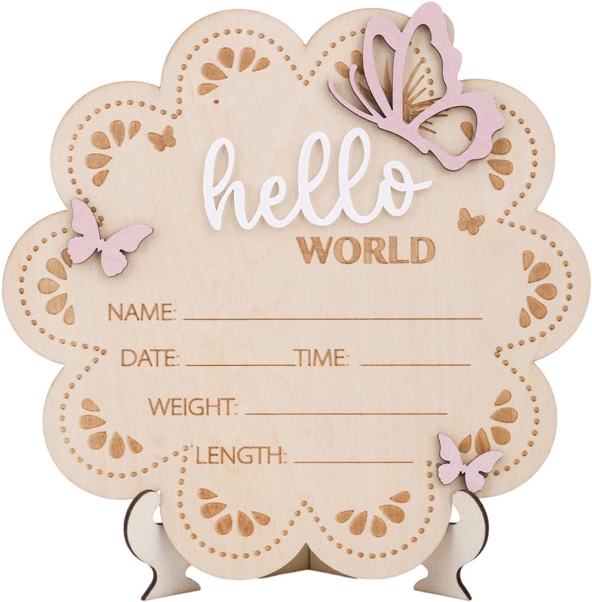 Babyaankondigingsbord, 17,8x17,3cm Vlinder Hello World Pasgeboren Bord Babynaambord Pasgeboren Welkomstborden voor Babyshowers Ziekenhuis Kinderkamer