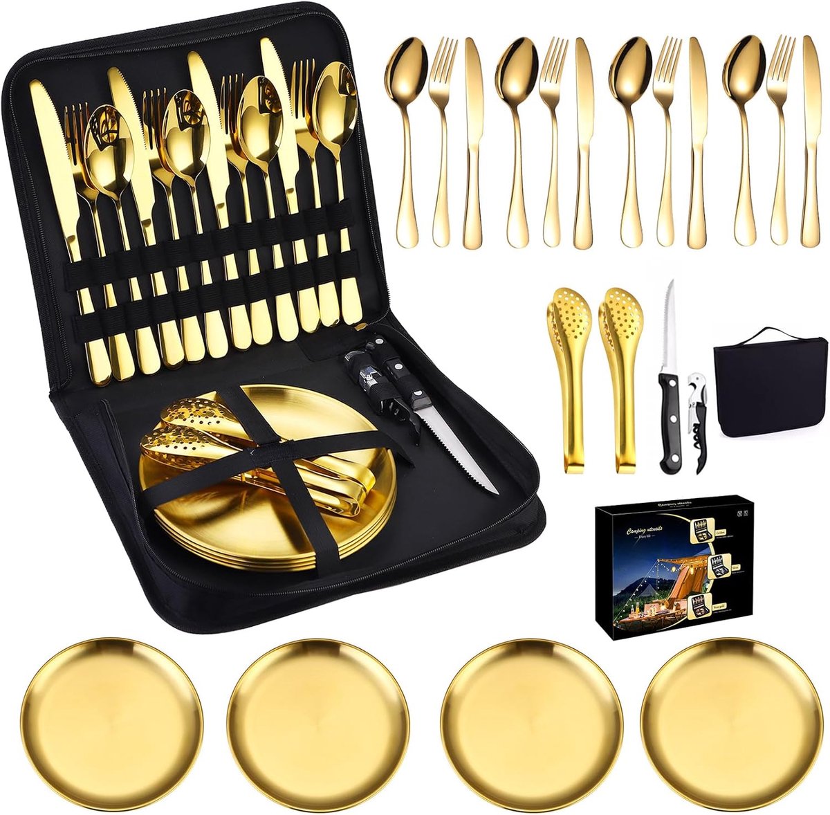 set voor 4 personen, 20 stuks, campingservies, 4 personen, roestvrij staal, bestek camping met lepel, vork, mes, bord, clip voor camping, picknick, reizen (goud)