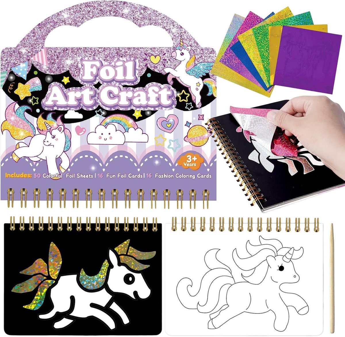 Kunstknutselactiviteit voor kinderen, folieplezier voor kinderen, folieplezier, eenhoornstickers, glittertransferfolie, knutselsets, doe-het-zelf kleurstickers, knutselsets, draagbaar, creatief cadeau