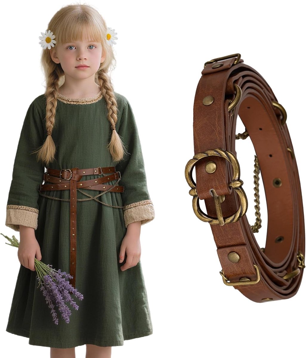 Middeleeuws DIY Meisjes Gordel van Imitatieleer met Metalen Kettingen - Vintage Ajustabele Dunne Kinderriem, Retro Slanke Riem voor Jurken