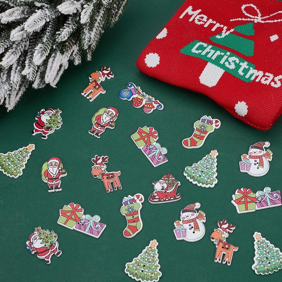 100 Stuks 10 Stijlen Kerst Thema Knoppen Rustieke Houten Knopen 2 Gat Kleurrijke Kerstboom Sok Kerstman Sneeuwpop Naaien Ornament Accessoires voor DIY Kleding Haak Scrapbook DIY Decor