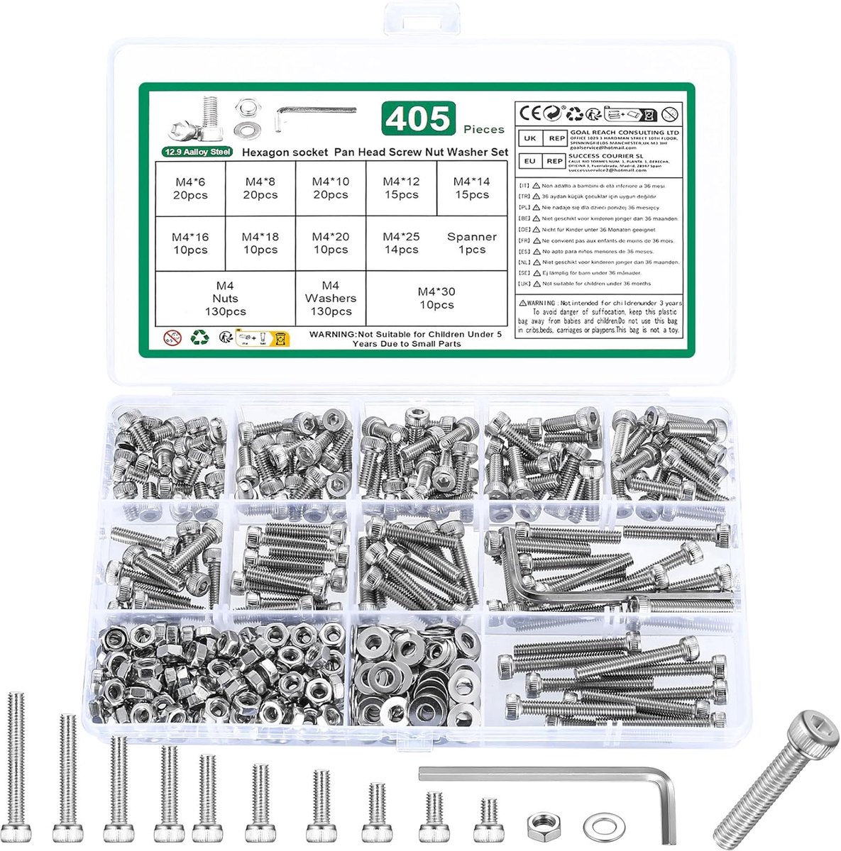 405 stuks M4 schroevenset, cilinderkopschroeven moerenset, zeskantschroeven met moerenset, schroefdraadschroeven met binnenzeskantschroevenset, machineschroevenassortiment met ringenset