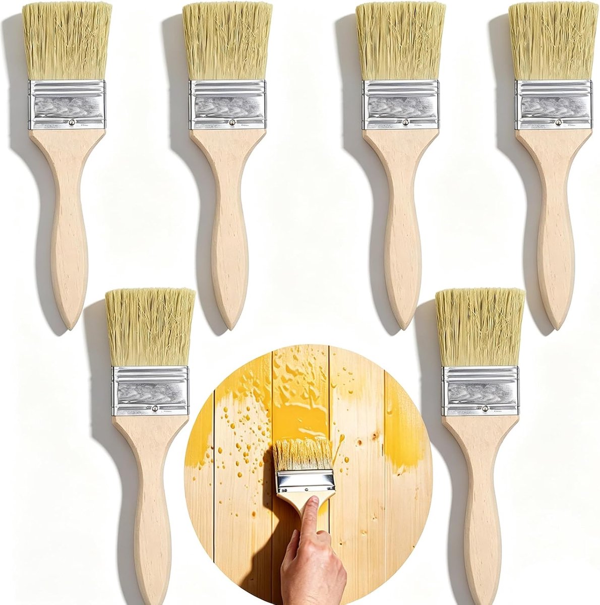 6 Houten Verfborstels, Verfborstels of Spaanborstel met Houten Handvat,Verfkwasten,Gebruikt in Verven, Beitsen, Vernissen,Lijmen en Pleisters(19 x 7 cm, Geel)