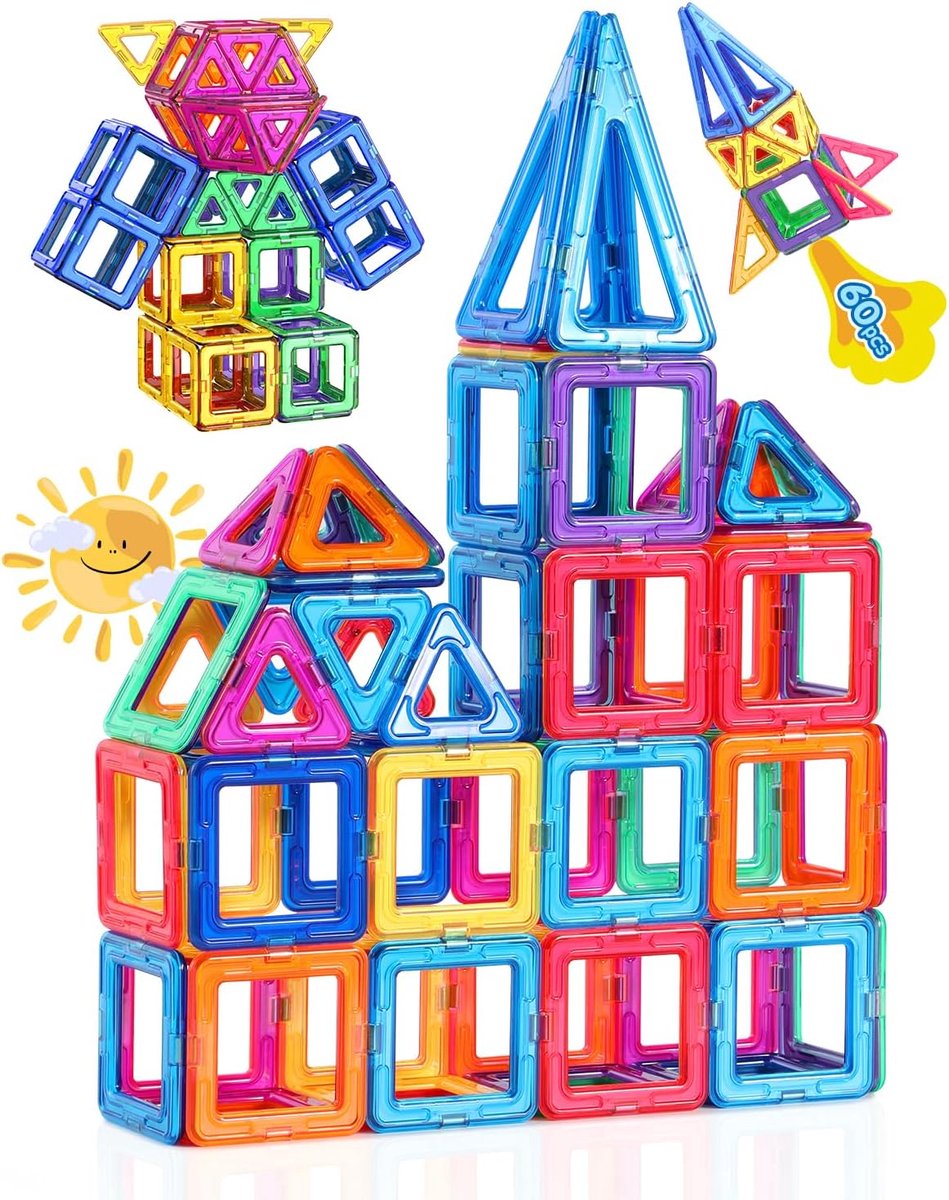 Magnetische bouwstenen, 60 stuks, magnetisch speelgoed voor kinderen vanaf 3 jaar, ideaal educatief speelgoed voor meisjes en jongens