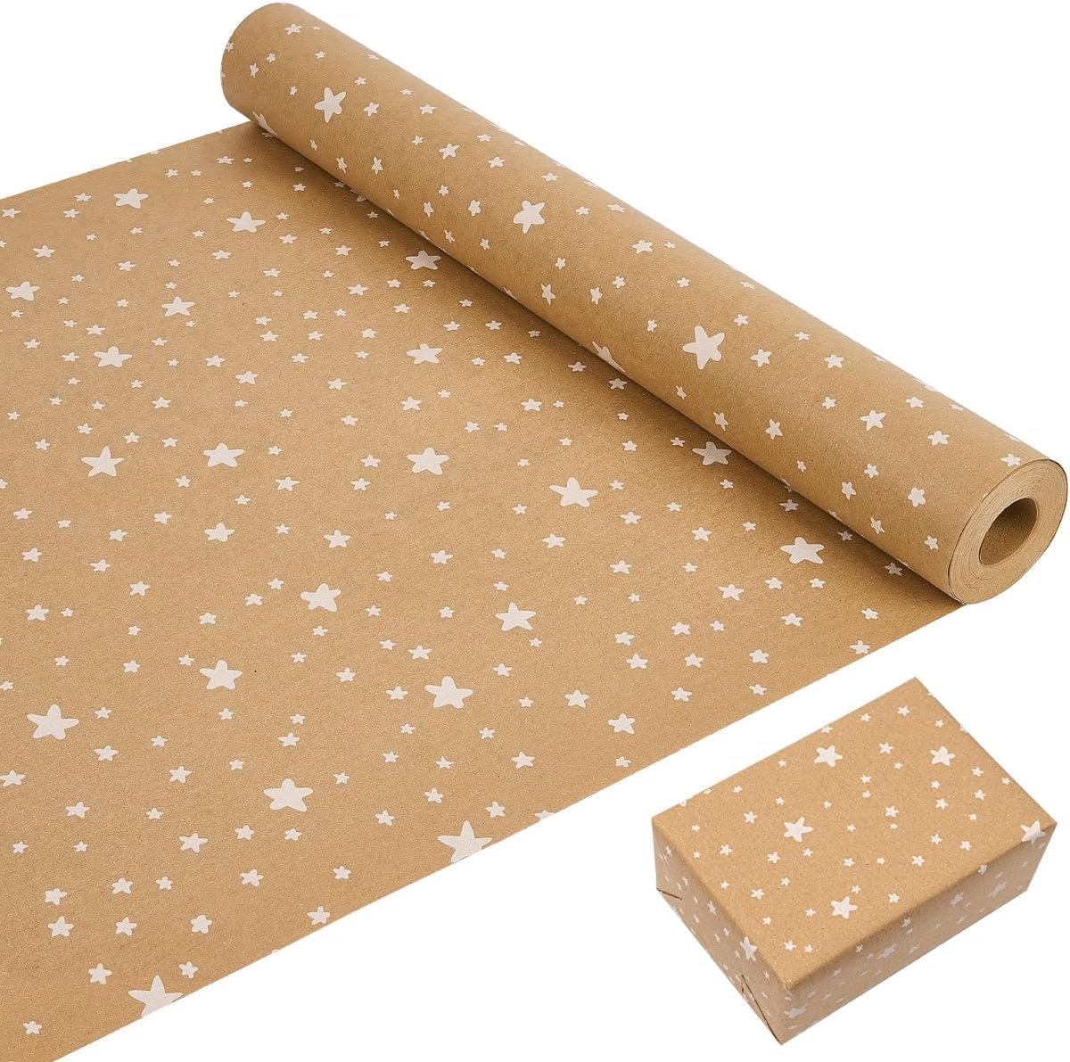Rolpakket kerstinpakpapier, 43 cm x 20 m kraftpapier cadeaupapier met witte sterren, recyclebare papierrol voor Kerstmis, verjaardag, bruiloft, babyshower geschenken