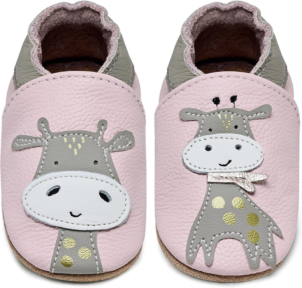 Eerste loopschoenen, jongens, meisjes, zacht leer, babysloffen, antislip, leren schoenen, baby, Giraffe Roze, 6-12 month Infant