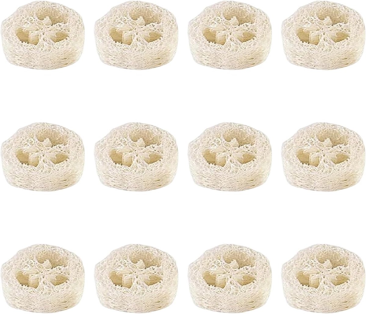 van 12 natuurlijke luffa-spons, natuurlijke loofah scrubber, peeling, loofah, spons, zeepbakje, zeepbakje, kussen voor douche, badkamer, keuken, werkblad