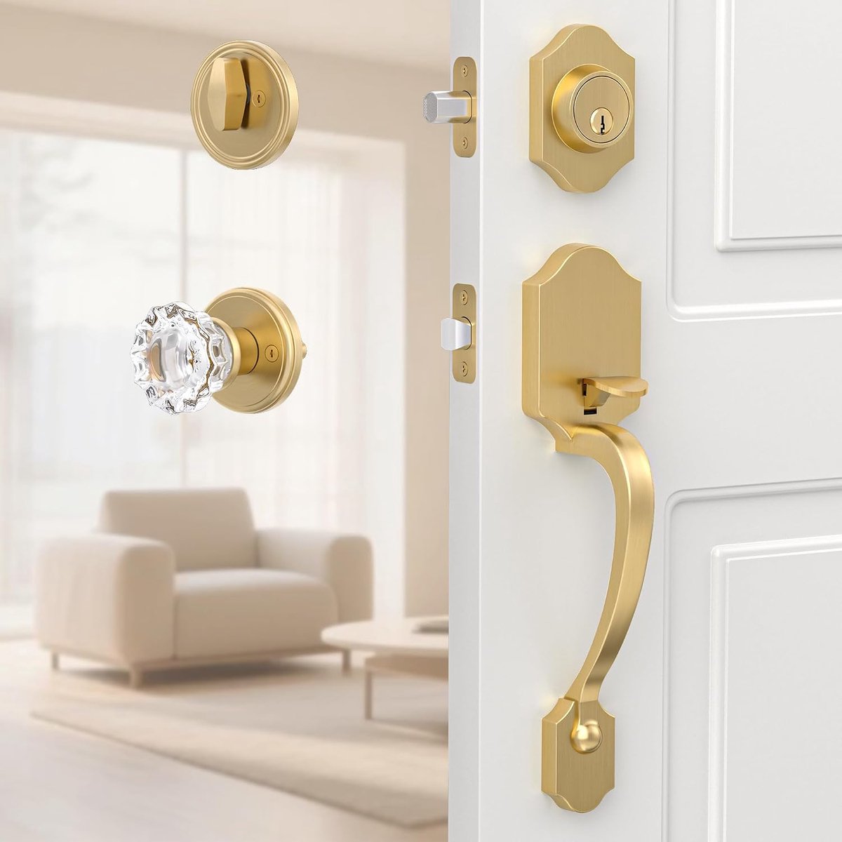 gouden voordeurhandgreep met enkele cilinder nachtschoot en kristalglazen knop, omkeerbaar voor links- en rechts openende deur, satijnmessing afwerking