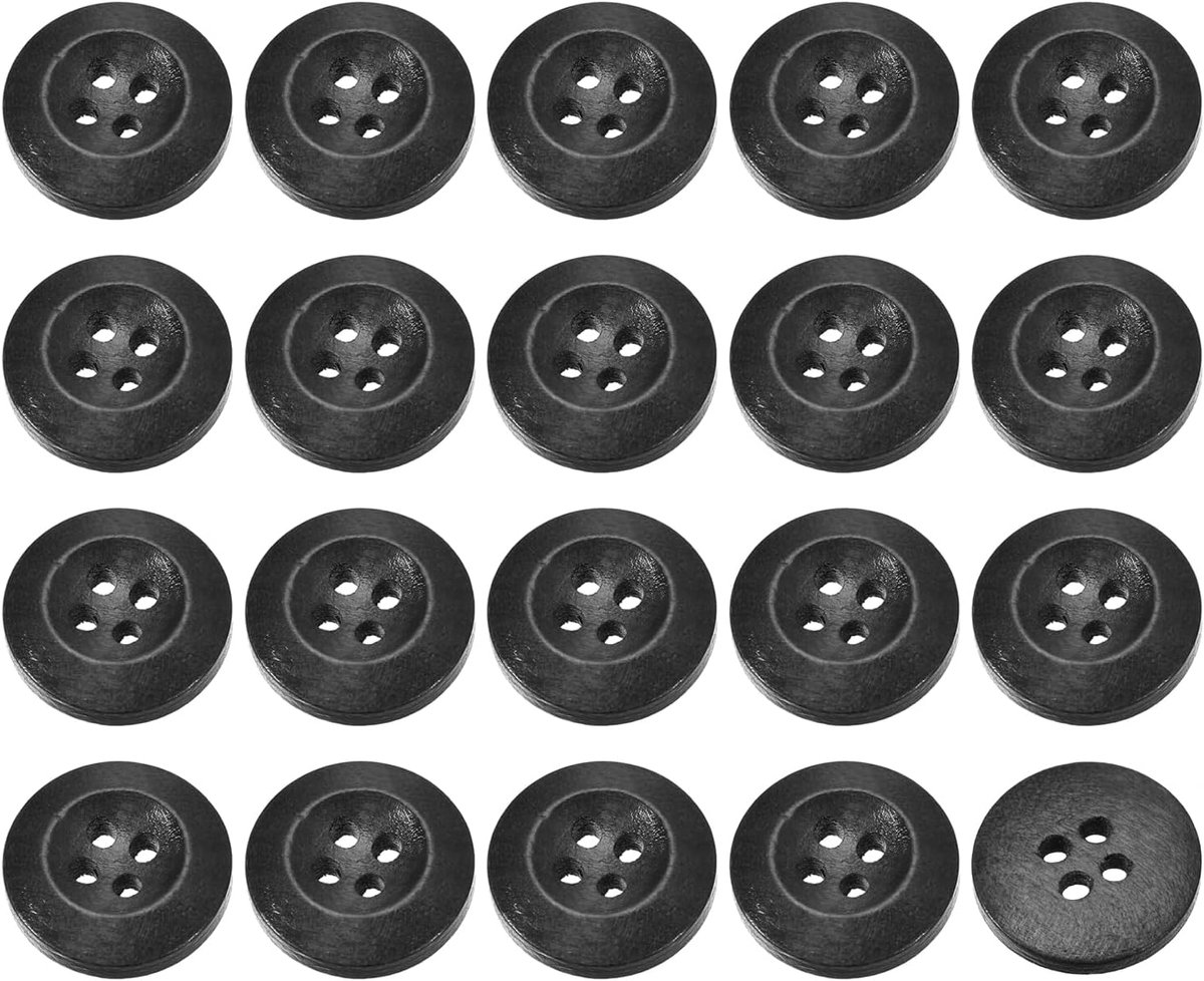 Knopen, 20 mm, ronde houten naaiknopen met 4 gaten voor het naaien van kleding, handwerk, zwart