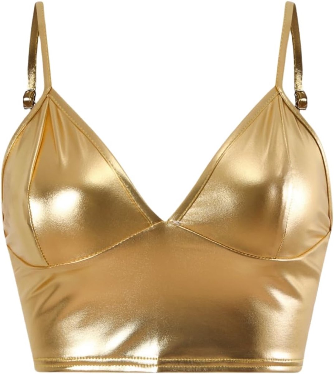 Dames Metallic Crop Top Vest Mouwloos Wet Look Sexy Tanktop V-hals Glanzend Rave Bra voor Dans, Festival Kostuums, Night Club Party