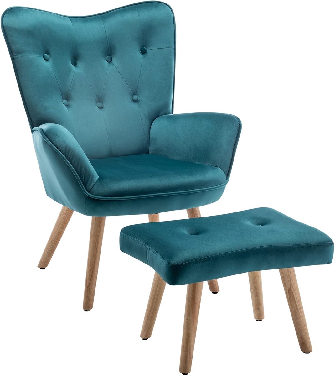 Fauteuil met Voetenbank Comfortabele Fauteuil Woonkamer Fluwelen Leesstoel Slaapkamer Accentstoelen Loungestoelen, Groenblauw