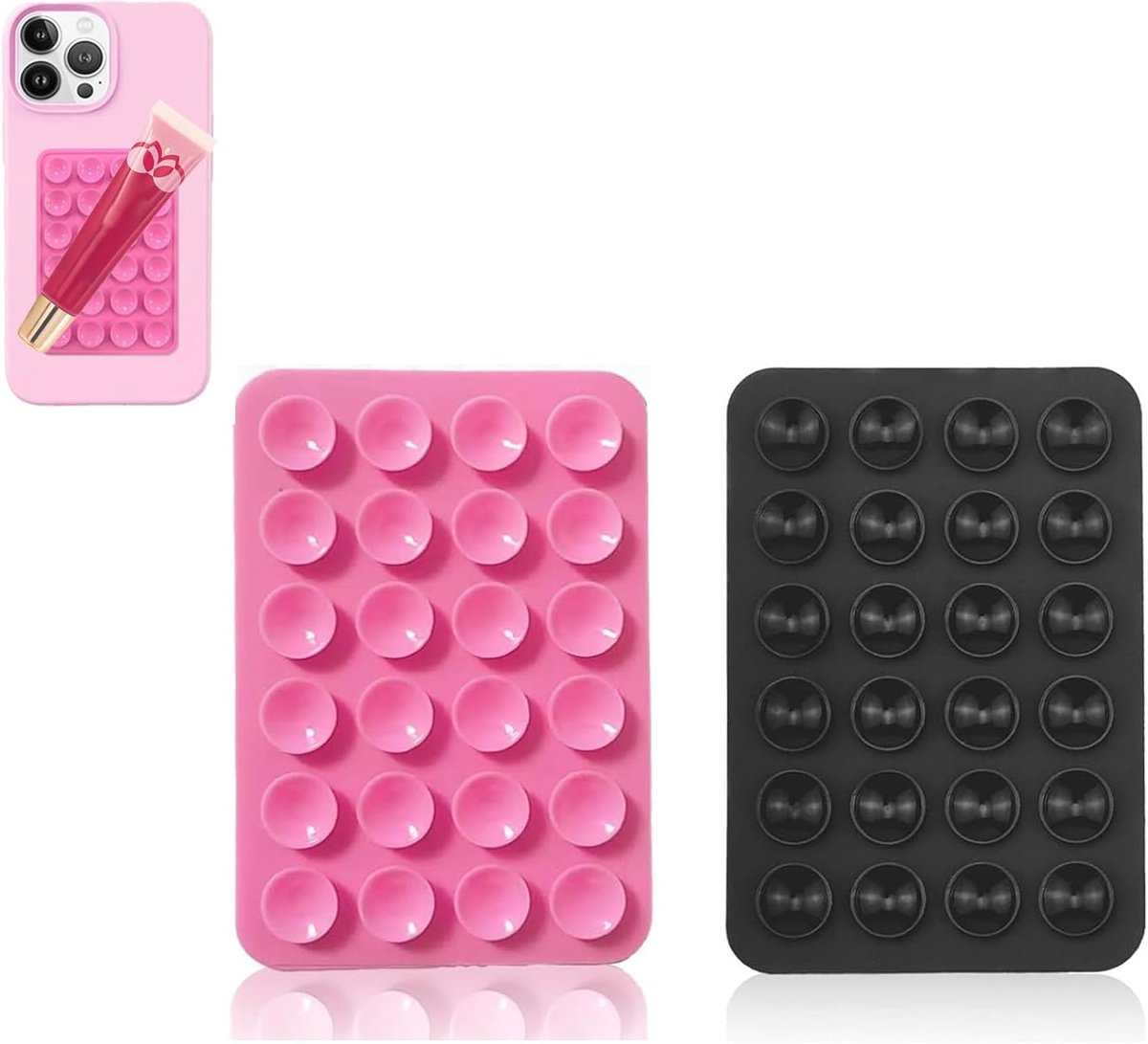 2 STKS Siliconen Zuig Telefoon Case Zelfklevende Mount, Leeneen 2,2 ″ x 3,2 ″ Handsfree, Sterke Grip Houder voor Selfies en Video's, Duurzaam, Gemakkelijk te Gebruiken, Voor Alle Telefoons (Zwart Roze