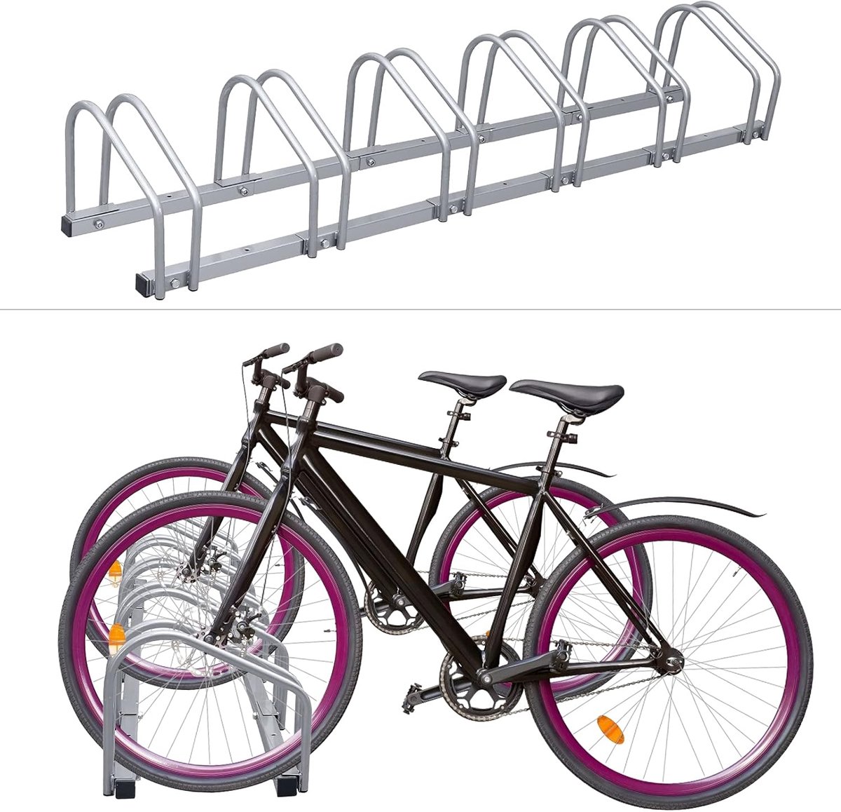 Fietsstandaard, voor 2 fietsen 35-55 mm bandbreedte, vloer en wandmontage, meervoudige standaard fietsparker, opstelstandaard verzinkt, zilver afmetingen h x b x d: 26 x 41 x 32 cm