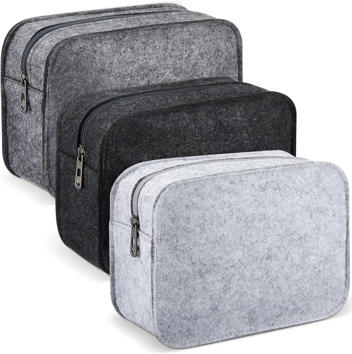 3 stuks make-uptas van vilt om te handelen, make-uptas met ritssluiting, toilettas, reis-toilettas, multifunctionele etui voor Kerstmis, Moederdag, 3 verschillende grijstinten, 20 x 15 x 6,5