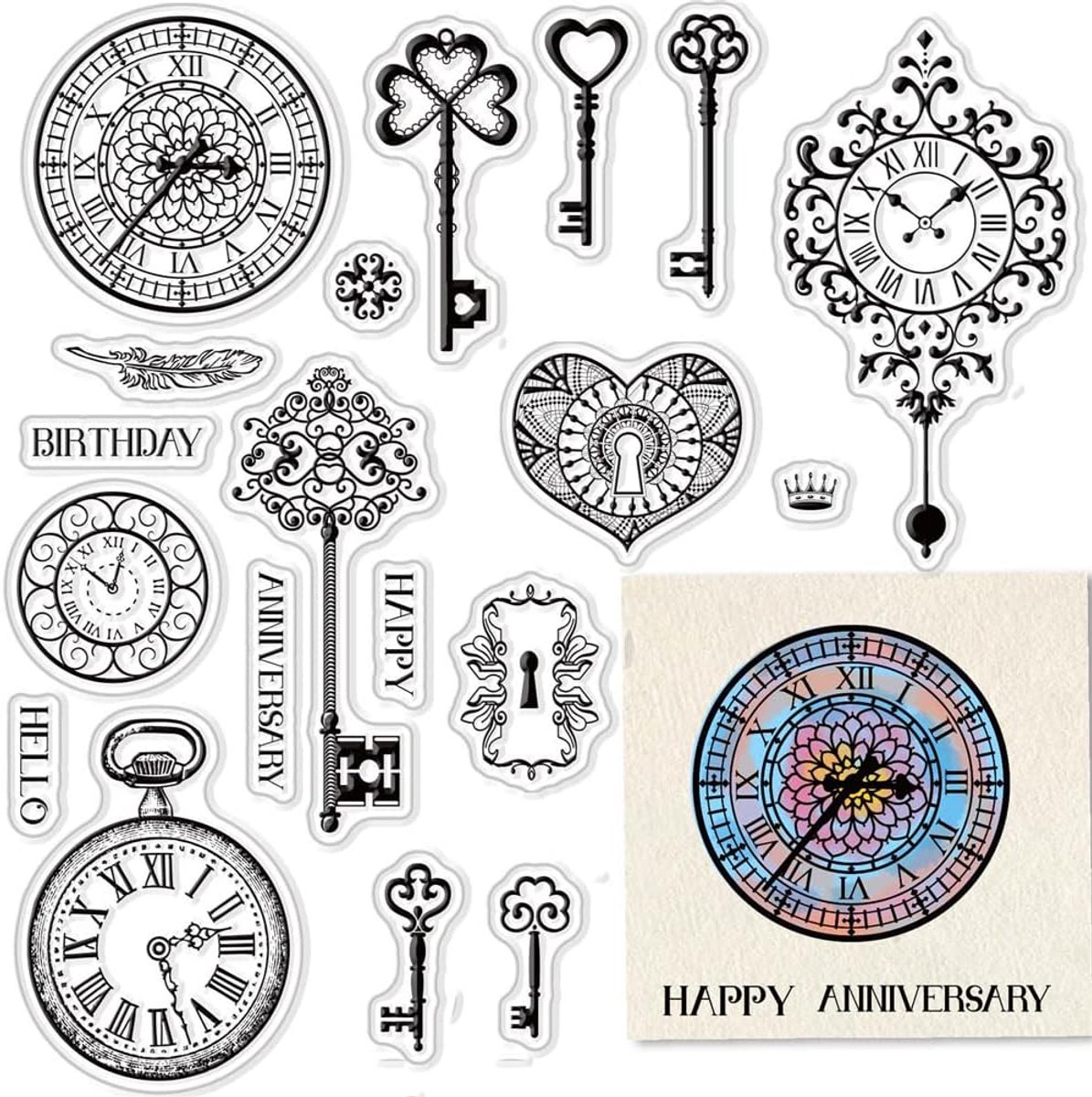 transparante stempels voor kaarten maken decoratie scrapbooking benodigdheden, klok, zakhorloges, sleutels, transparante siliconen stempels voor papieren kaarten, fotoalbum, handwerkdecoratie