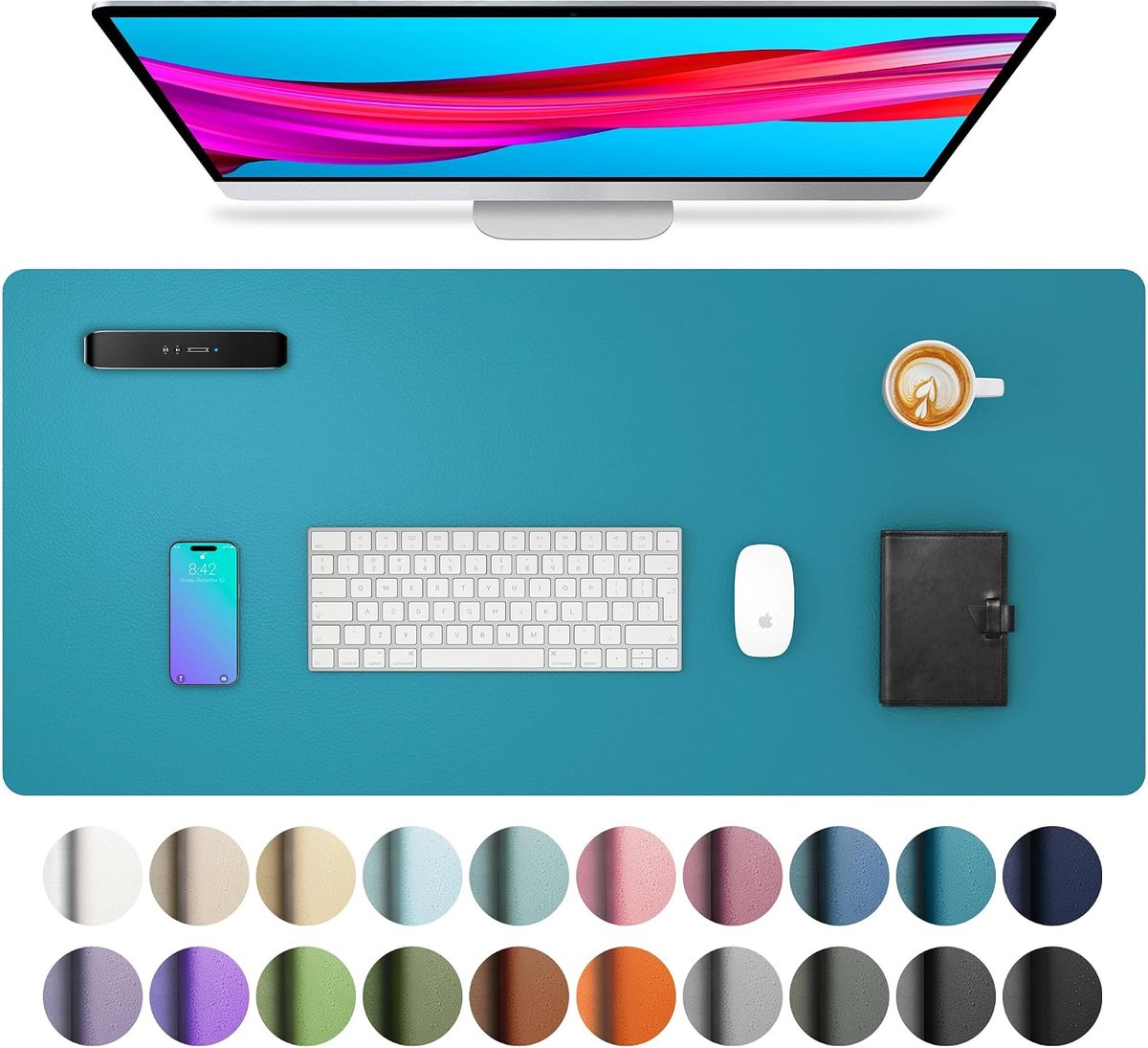 Lederen muismat, bureaumat, antislip, PU-leer, waterdicht, laptop bureaumat, voor kantoor en thuis, 60 x 35 cm, turquoiseblauw