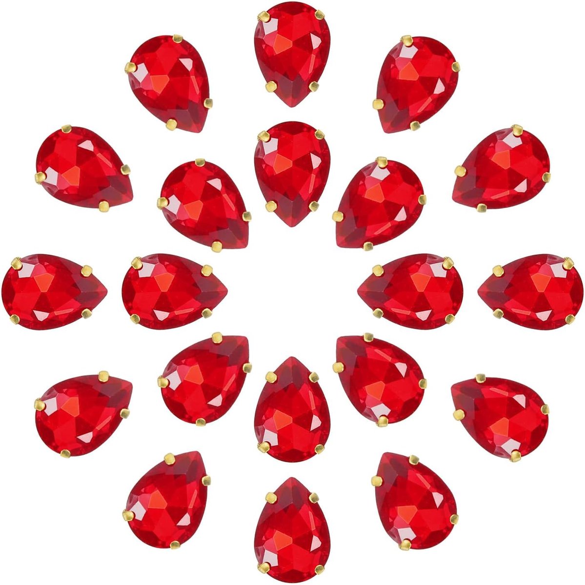 20 stuks druppelvormige strass-steentjes om te naaien, platte druppelglaskristallen 18 x 13 mm met gouden klauwrand (glanzend rood)