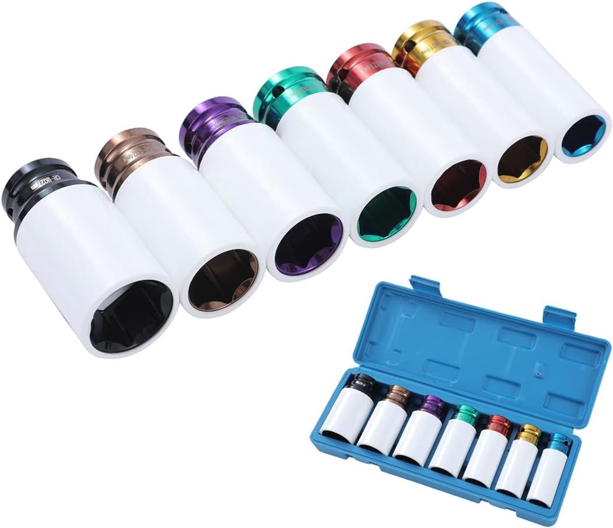 1/2" slagdoppenset met beschermers voor aluminium wielen 17/19/21/22/23/24/27 mm, 7 stuks, chroomvanadiumstaal, autoreparatietool