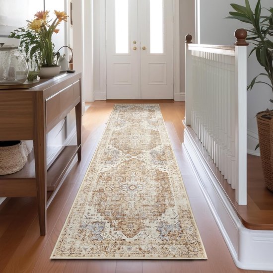 Loper, 60 x 150 cm, wasbaar, keukenloper, laagpolig, retro, baksteenmotief, bloem, oosters tapijt, antibacterieel, opvouwbaar, antislip, dun voor looppaden, slaapkamer, woonkamer, hal — afbeelding 5