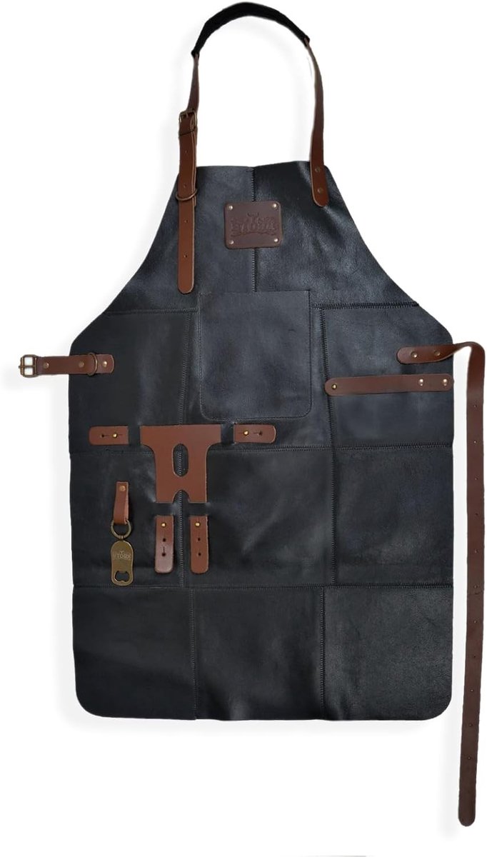 Leren Schort Barbecue - Zwart - 56 x 81 cm - Echt Leer met Drankhouder, Flesopener en Handdoeklus