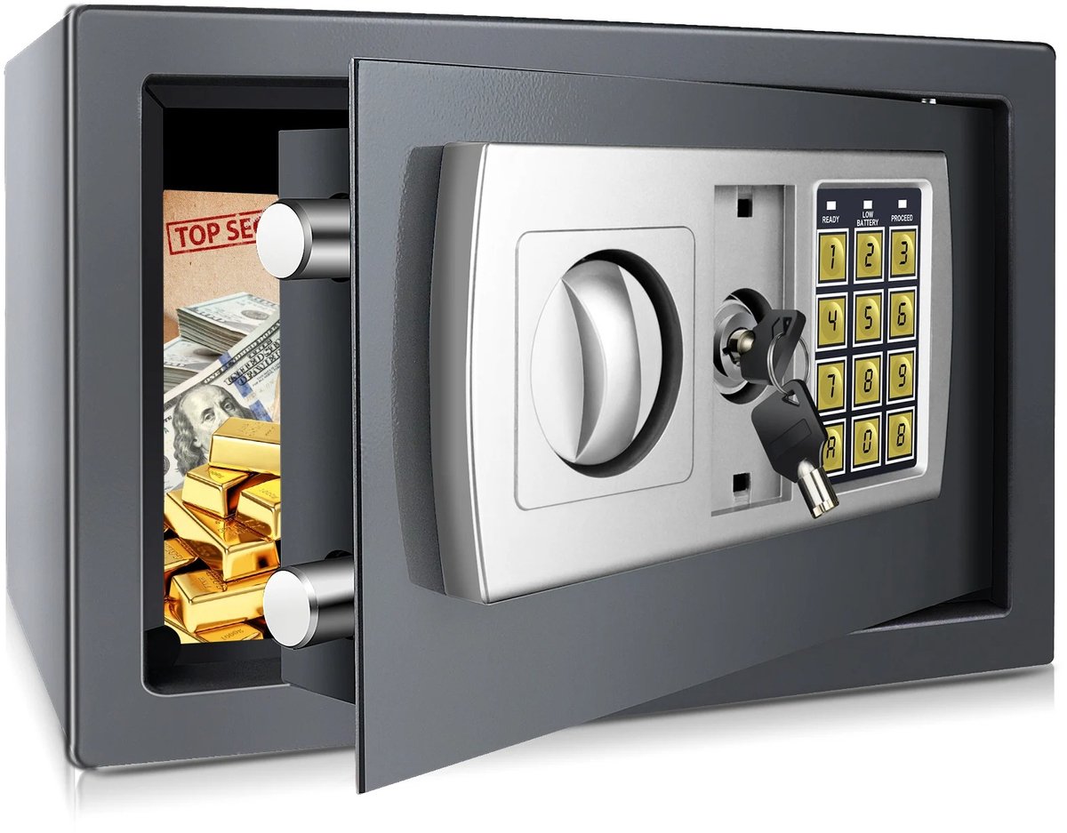 Thuiskluis 8,5 liter – Stalen veiligheidskluis met digitaal toetsenbord en 2 sleutels – Elektronische kluis voor geld, sieraden en documenten