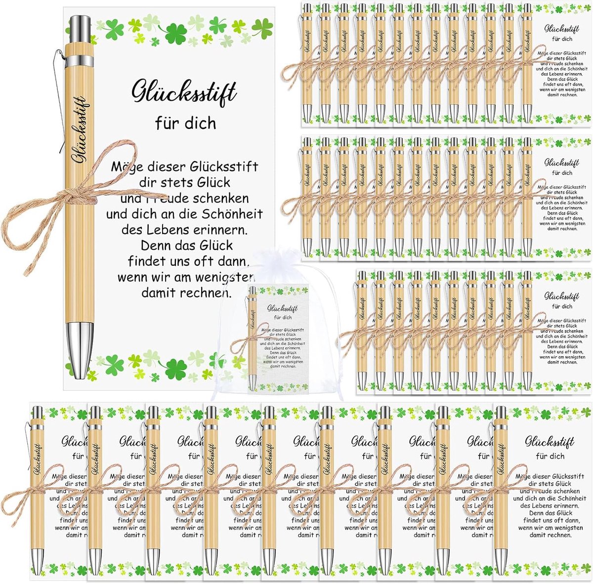 45 gelukscadeausets met inspirerende pennen, houten stift met gravure, geluksstift met organza zakje, bedrukte balpen om collega's aan te moedigen bij examens