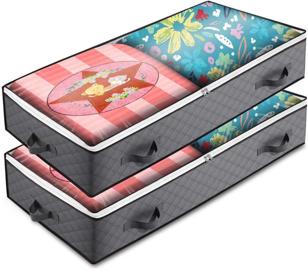 2 stuks 90 l opbergdozen voor onder het bed, opvouwbare kledingdozen met transparant voorraam, voor donzen dekbedden en dekens, grijs