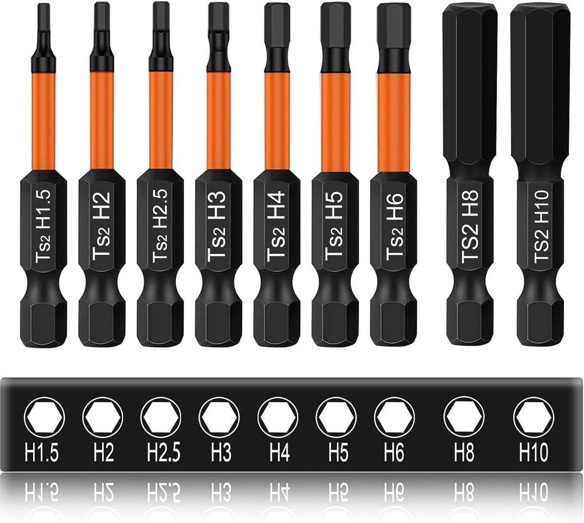 9 stuks Hex zeskantige schroevendraaiers, 50 mm lange bitset, 1/4 inch S2 slagschroevendraaier, bitset, magnetische zeshoekige binnenzeskant schroevendraaier, voor accuschroevendraaiers (H1,5/2/2,5/3