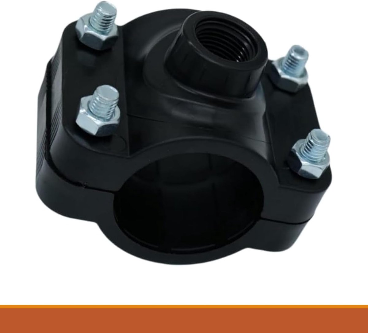 50 mm x 3/4 inch, PP zwart, 16 bar druk, klemschalen x binnendraad, stalen bouten en NBR afdichting