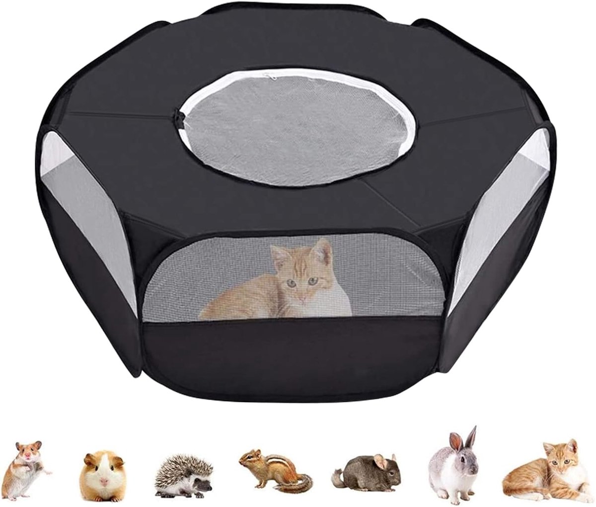 Speelren voor kleine dieren, kooitent met ritssluiting opvouwbaar, draagbaar geschikt voor binnen en buiten voor hamsters cavia's konijnen kittens eekhoorns en puppy's Zwart