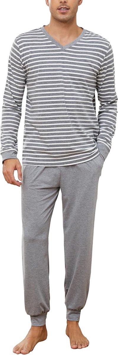 Pyjama voor heren, winter, lange mouwen, gestreept, pyjama, warm, zacht, nachtkleding, V-hals, katoen, 2 stuks, V-hals, grijs/wit, XL