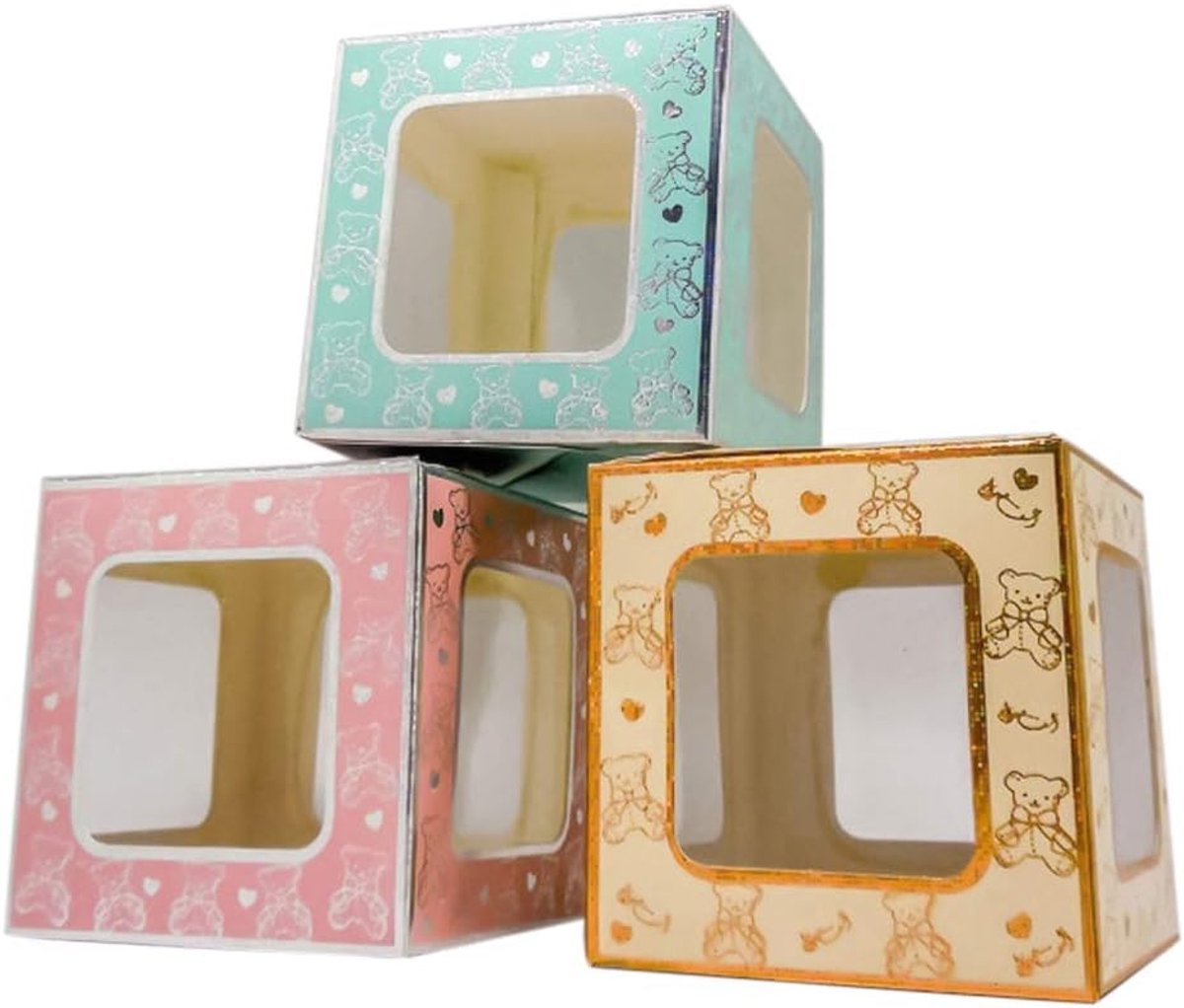 Beer Kaartenbak, met venster, PVC, 10 x 10 x 10 cm, geboorte doop, confirmatie, 12 stuks Lichtblauw.