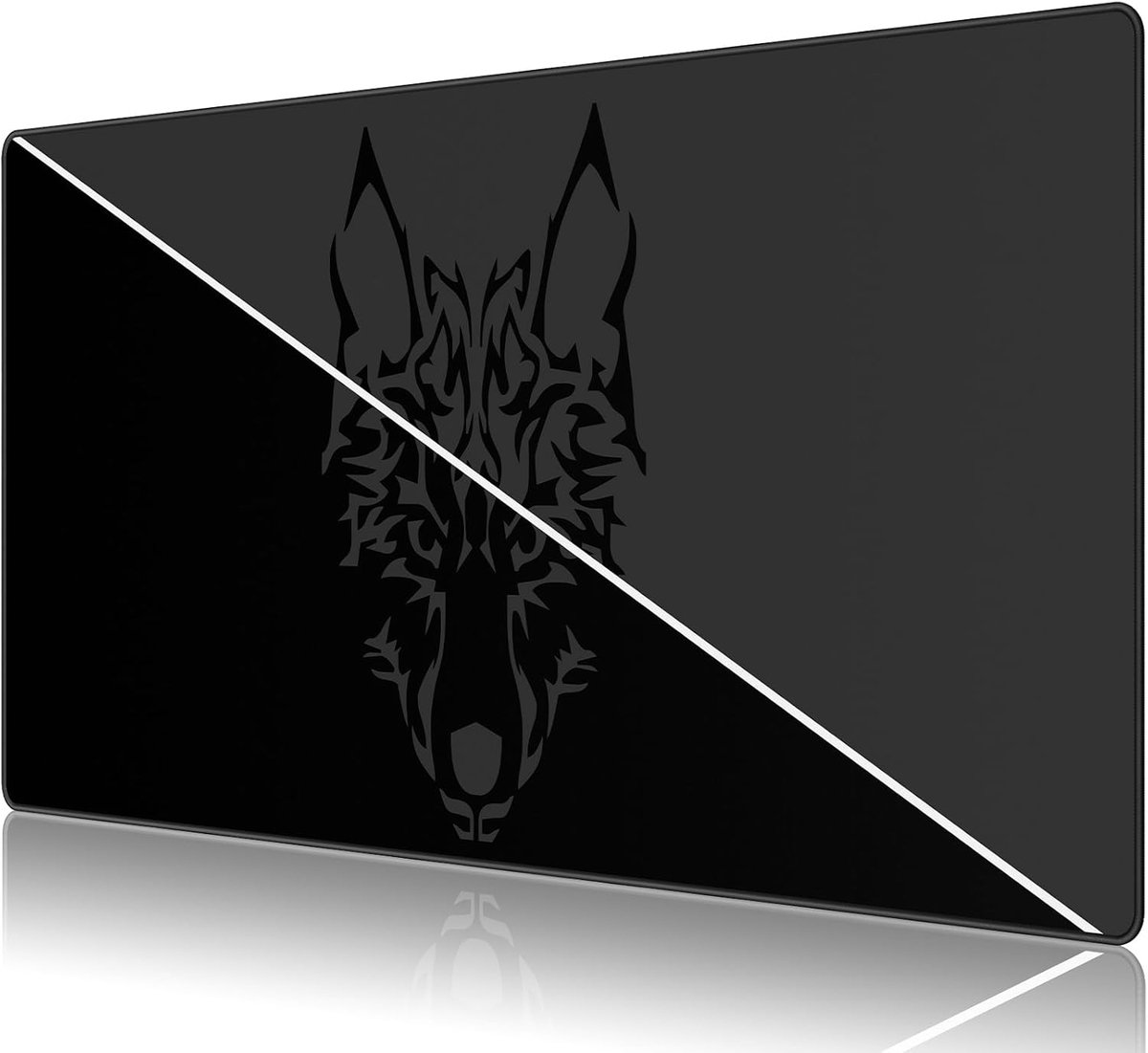 groot gaming muismat met genaaide randen, superieure micro-weave stof, anti-slip basis, maat 89,9 x 39,9 x 0,3 cm - Zwart Grijs Wolfshoofd