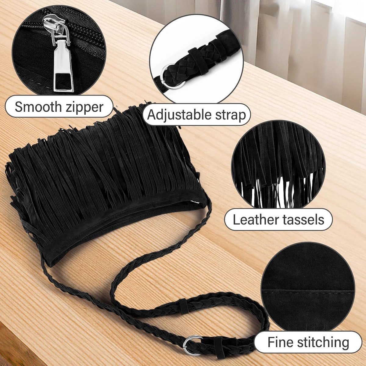 Crossbody handtas voor dames, grote kwastjes, multifunctionele schoudertas met geweven schouderriem, suède handtas voor dagelijks reizen