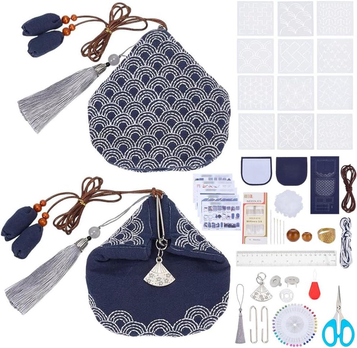 Sashiko Portemonnee DIY Kit met 12 stuks PET Stencils Complete Sashiko Kit voor Beginners Japanse Traditionele Borduurtas voor Meisjes Moeders Gift