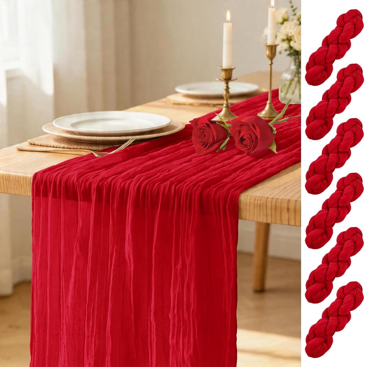 Tafellopers, rood, 45 x 275 cm, kaasdoek, tafelloper, rustieke, transparante tafelloper van gaas, voor bruiloft, feest, bruidsfeest, lente, zomer, woondecoratie