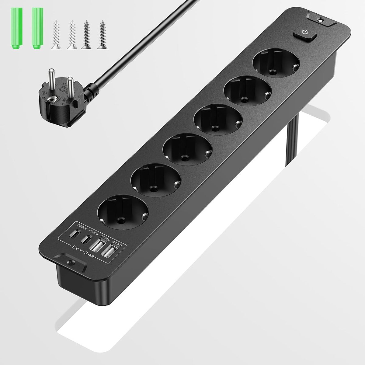 inbouw tafelstopcontact, 6-voudige stekkerdoos met overspanningsbeveiliging, 4 USB (2x USB-C 20W PD + 2x USB-A), 4000W, 2m kabel voor meubels, salontafel en werkblad