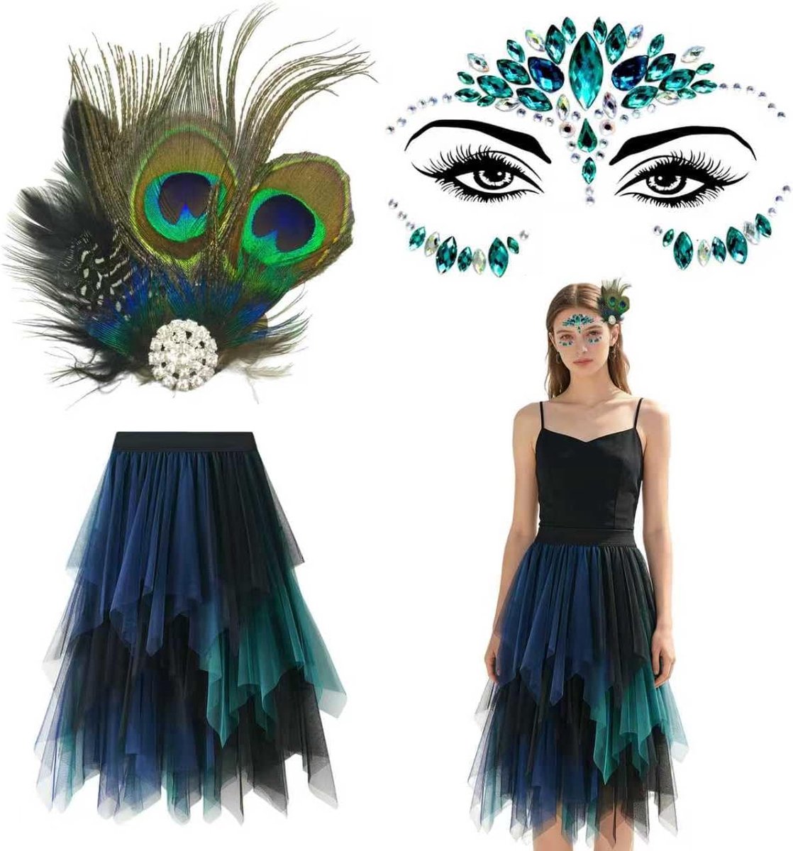 Pauwenkostuum voor dames, 4 stuks, pauwenveren, kant, masker, pauwenhaaraccessoires, glitterstenen gezicht en oorbellen, pauwenfestival, accessoires, rave outfit, veer, fascinator, Halloween