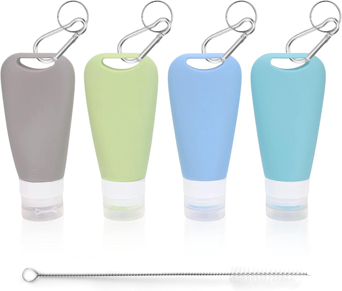 Set van 4 siliconen reisflessen, 90 ml, lekvrij, navulbare reisformaat, reisflessen met karabijnhaak en reinigingsborstel, geleverd voor het vullen van shampoo, lotion enz