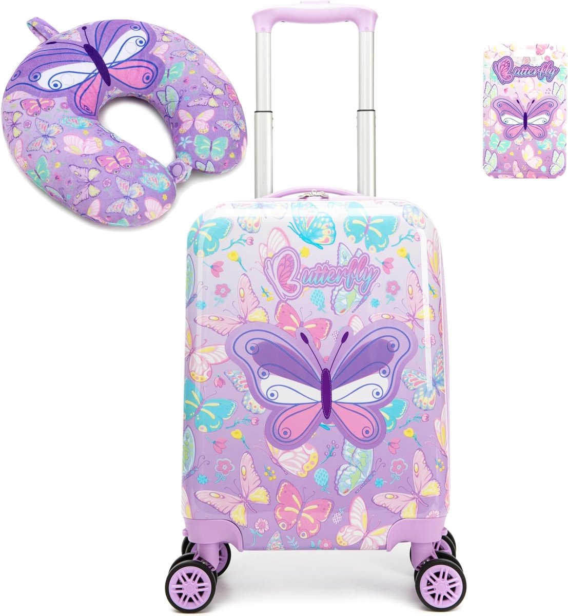 2-delige kinderkofferset voor meisjes, kinderhandbagagekoffer met nekkussen en kofferhanger, kinderkoffer, trolley, harde koffer voor meisjes, Medium