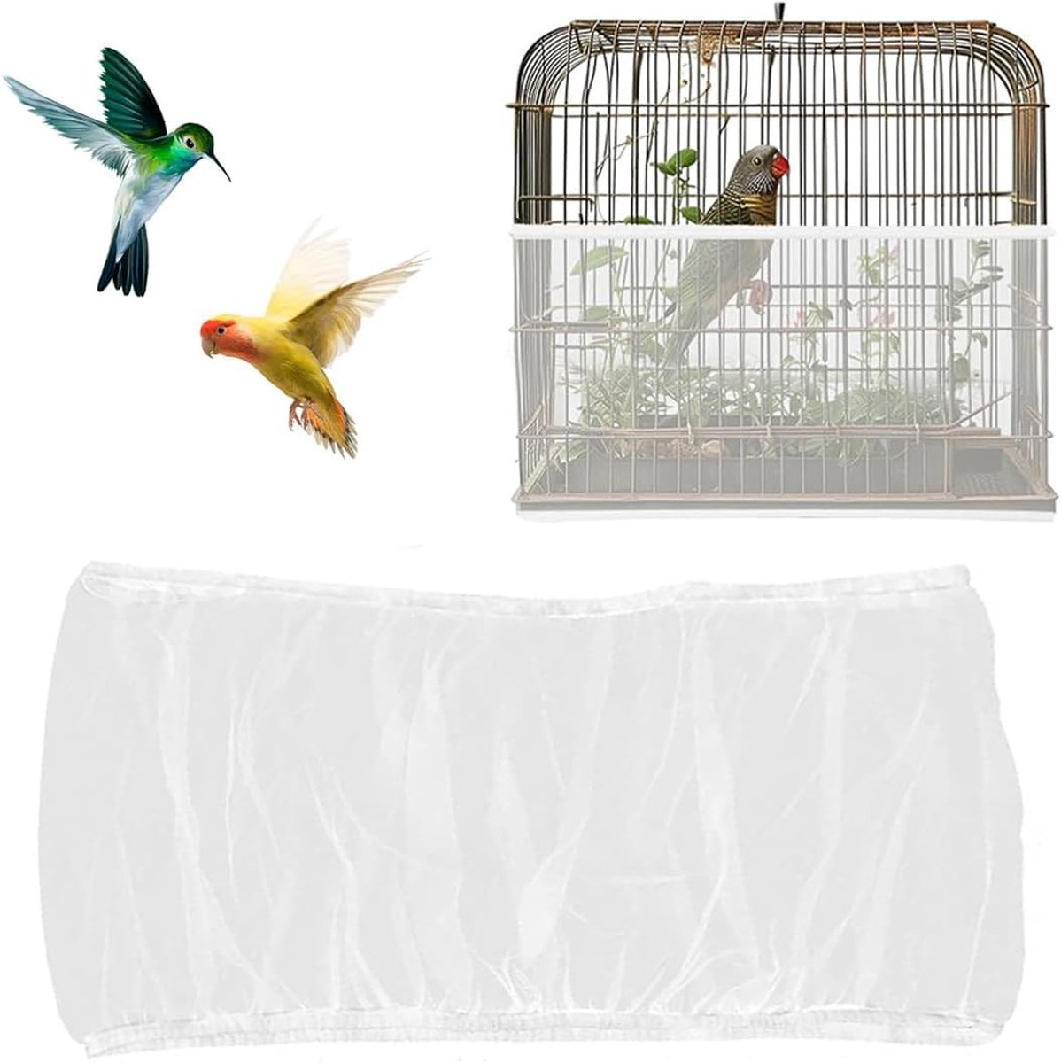 1 stuks vogelkooi-afdekking, verstelbare vogelkooi-afdekking, vogelkooi zaadvanger, beschermingsnet voor vogelkooi, papegaaien, nylon mesh, geschikt voor kooien met een omtrek van 80-110 cm