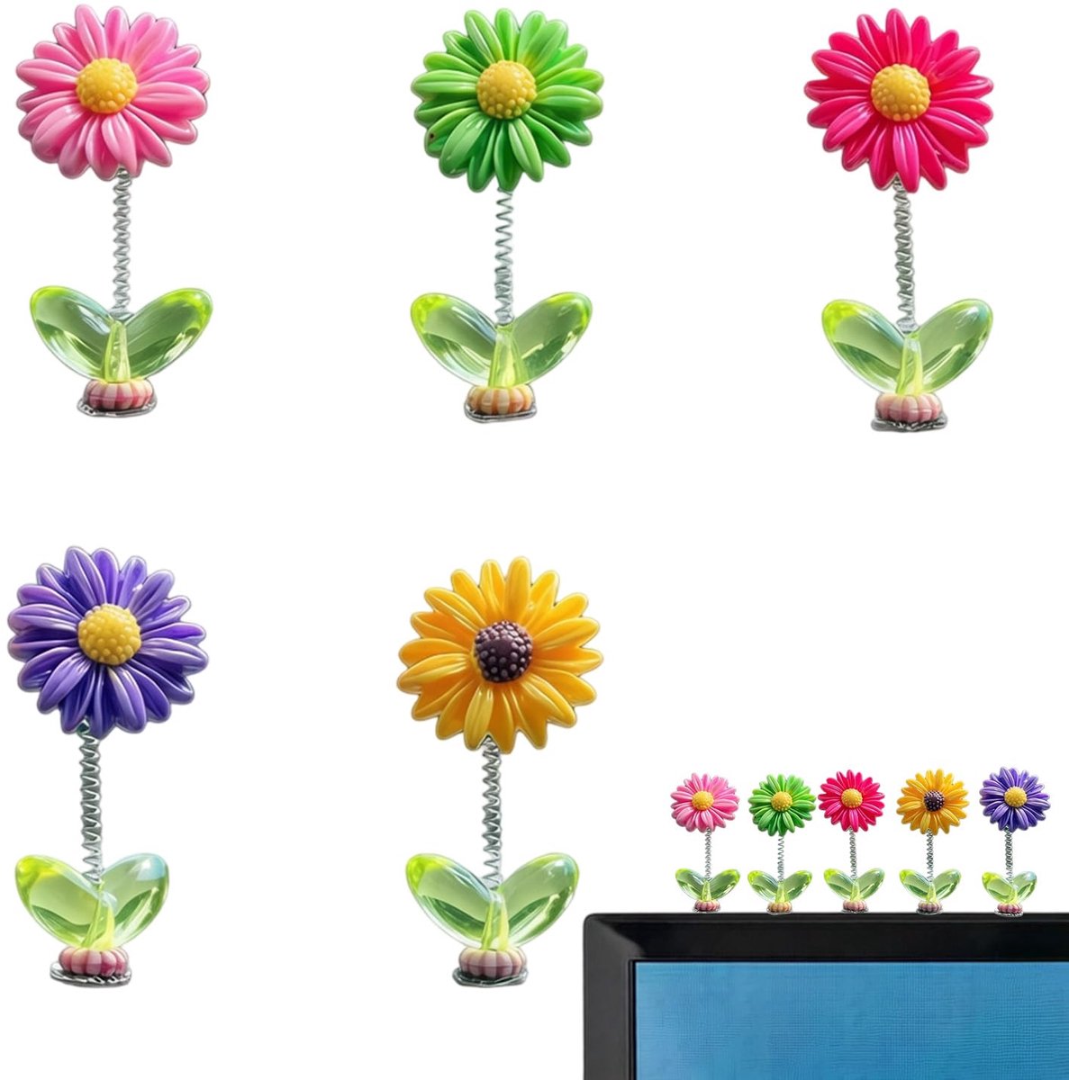 KZQ 5-delige wiebelende bloemen voor auto-interieur - Gehaakte stijl bloemen voor dashboard monitor en middenconsole - Decoratieve accessoires voor in de auto - Multicolor