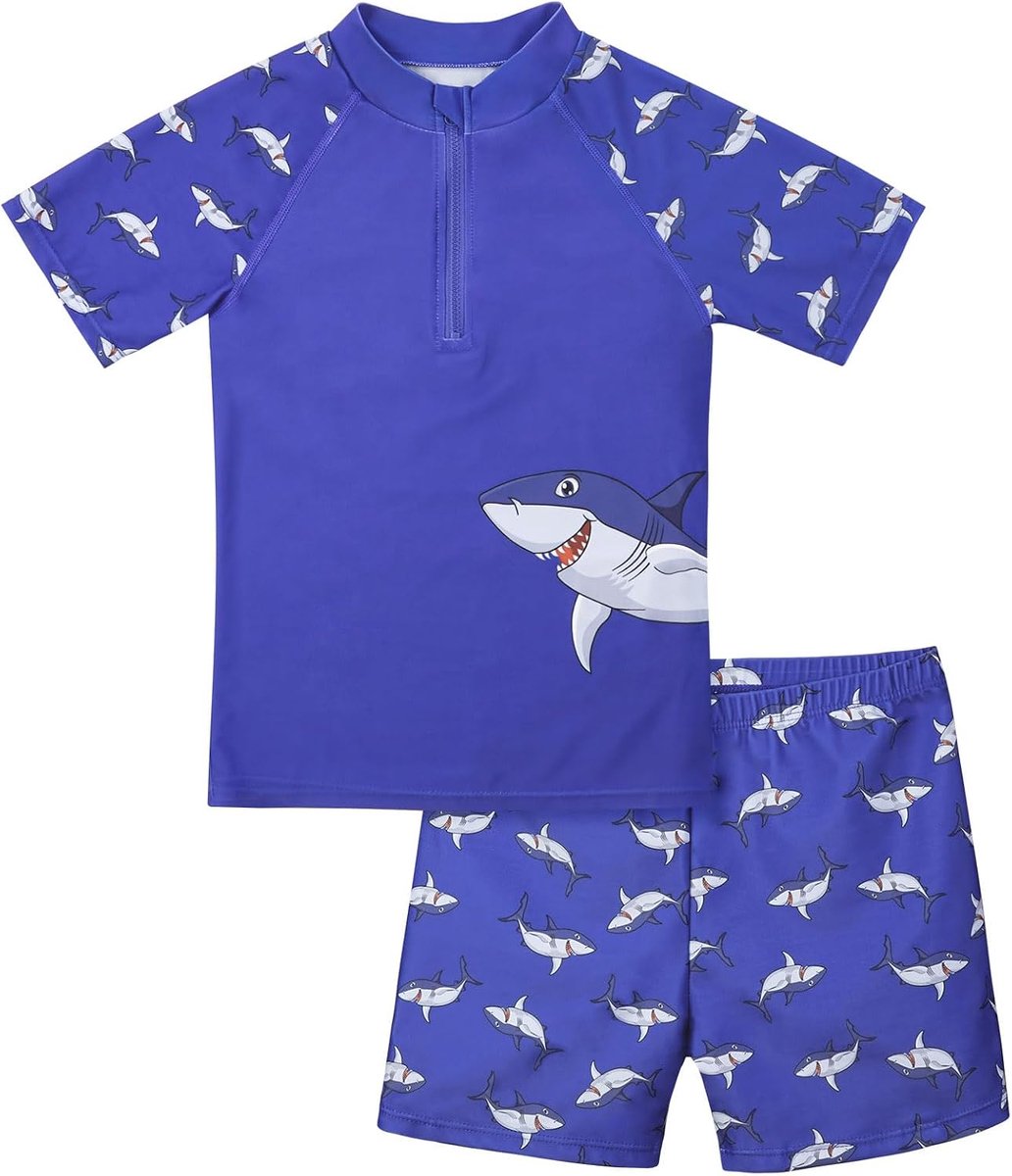 Zwempak voor jongens, 2-delig, haaienset voor kinderen, zwemset met shorts en korte mouwen, voor kinderen van 5-10 jaar