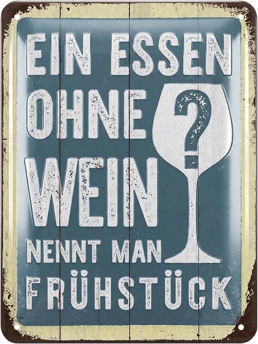 Retro metalen bord Eten zonder wijn - ontbijt, vintage metalen borden met spreuken, shabby chic, decoratie keuken en tuin, grappige borden van metaal, 15 x 20 cm