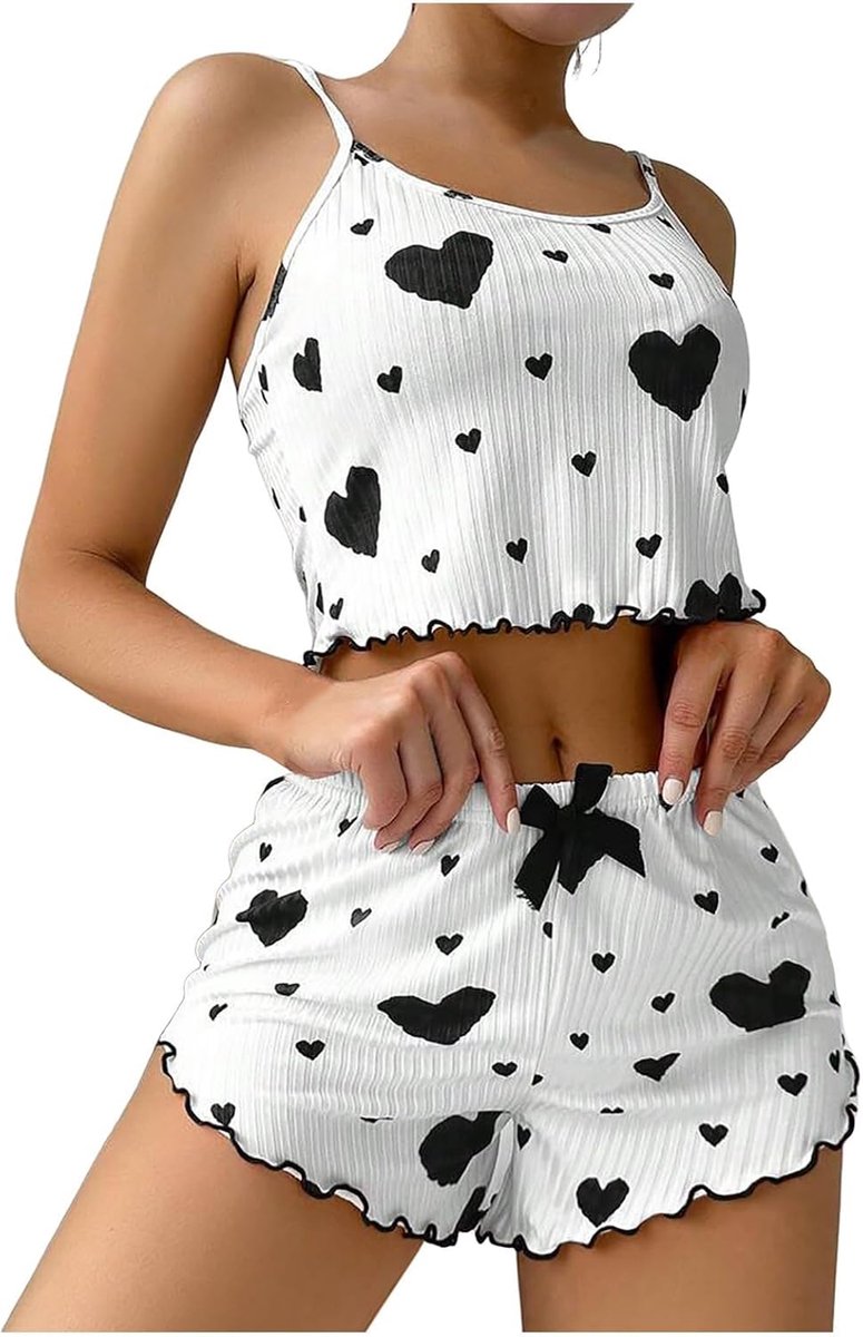 Pyjama voor dames, zomer, kort, hartprint, pyjamaset, tweedelig, tanktop + shorts, nachtkleding, mouwloos, sexy loungewear