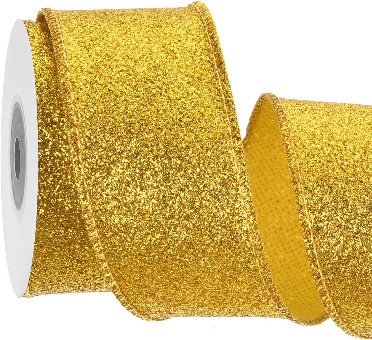 4 cm glitterlint met draadrand geel iriserende band 1,6 inch / 4 meter voor kerstboom krans decoratie geschenkverpakking met metalen rand