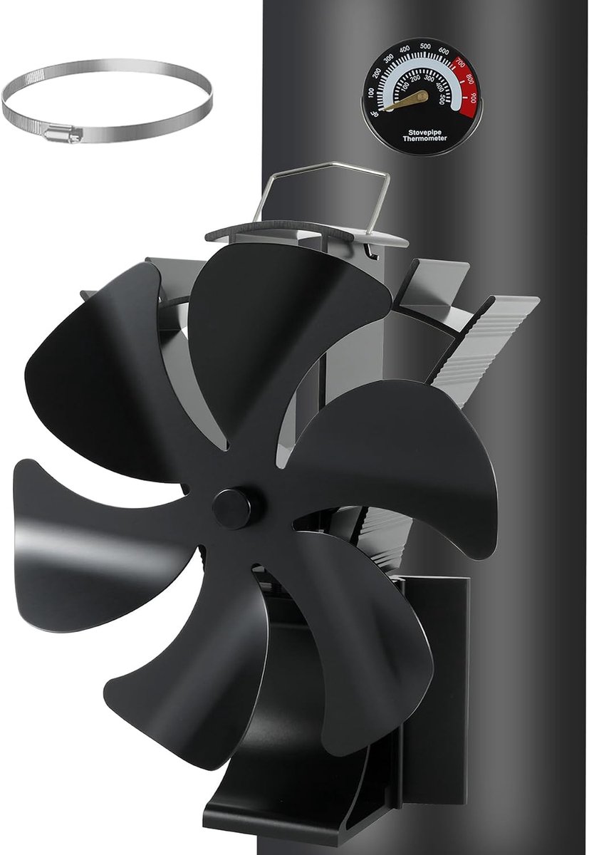 6 bladen, magnetische kachelventilator met thermometer, 3-in-1 open haardventilator, stille werking, warmteaangedreven open haardventilator zonder stroom voor hout/houtbrander/open