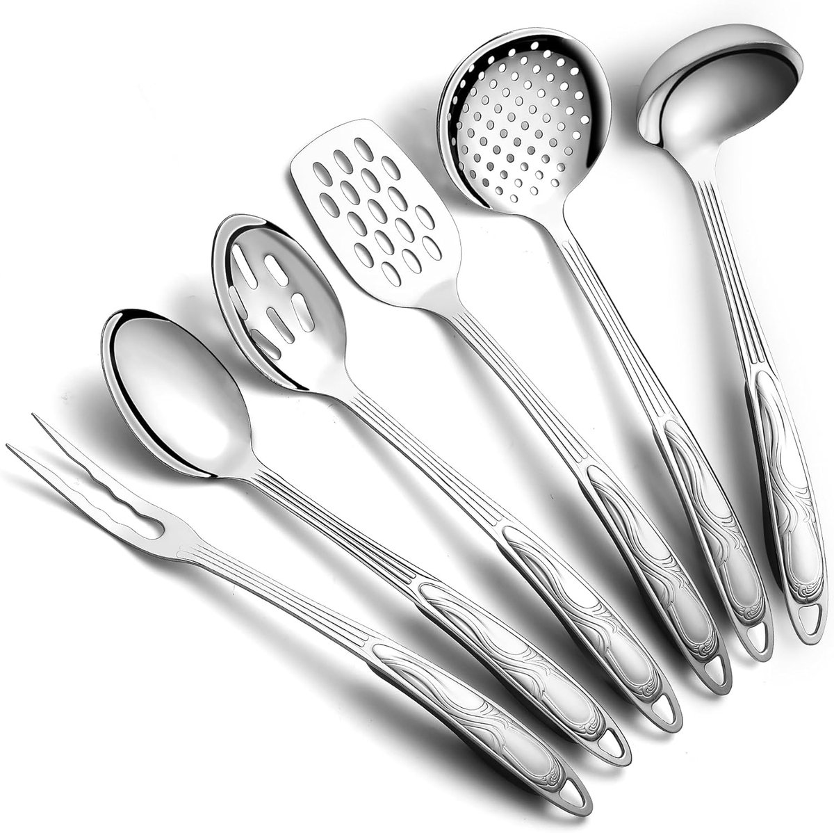 Roestvrijstalen keukengerei set 6 stuks, kookgerei, keukengadgets Essentials zijn onder andere metalen spatelset, skimmer, pollepel, opscheplepel, schuimspaan, vleesvork