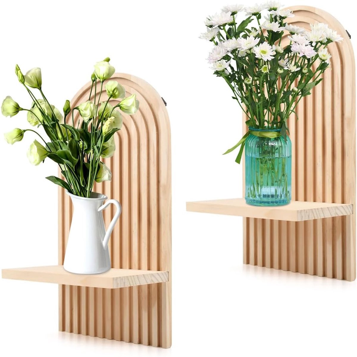 2 stuks wandrek van hout, boho, 34,5 x 18 cm, zwevende planken, hout, klein wandrek met 4 bevestigingsschroeven, planken voor muren, kinderkamer, wanddecoratie, slaapkamer (houtkleur)