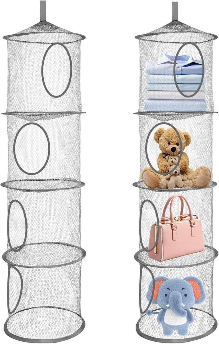 2 Stuks Hangend Opbergnet,Opbergnet Met 4 Niveaus Voor Pluche En Speelgoed,4 Tier Opknoping Mesh,Opvouwbare Opbergmand,Netstof om op te Hangen,Ideaal Voor Kinderkamer,Badkamer,Balkon